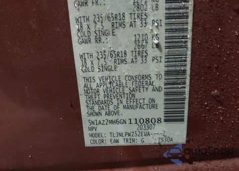 2016 Nissan Murano S из США, поврежденный, VIN 5N1AZ2MH6GN110808